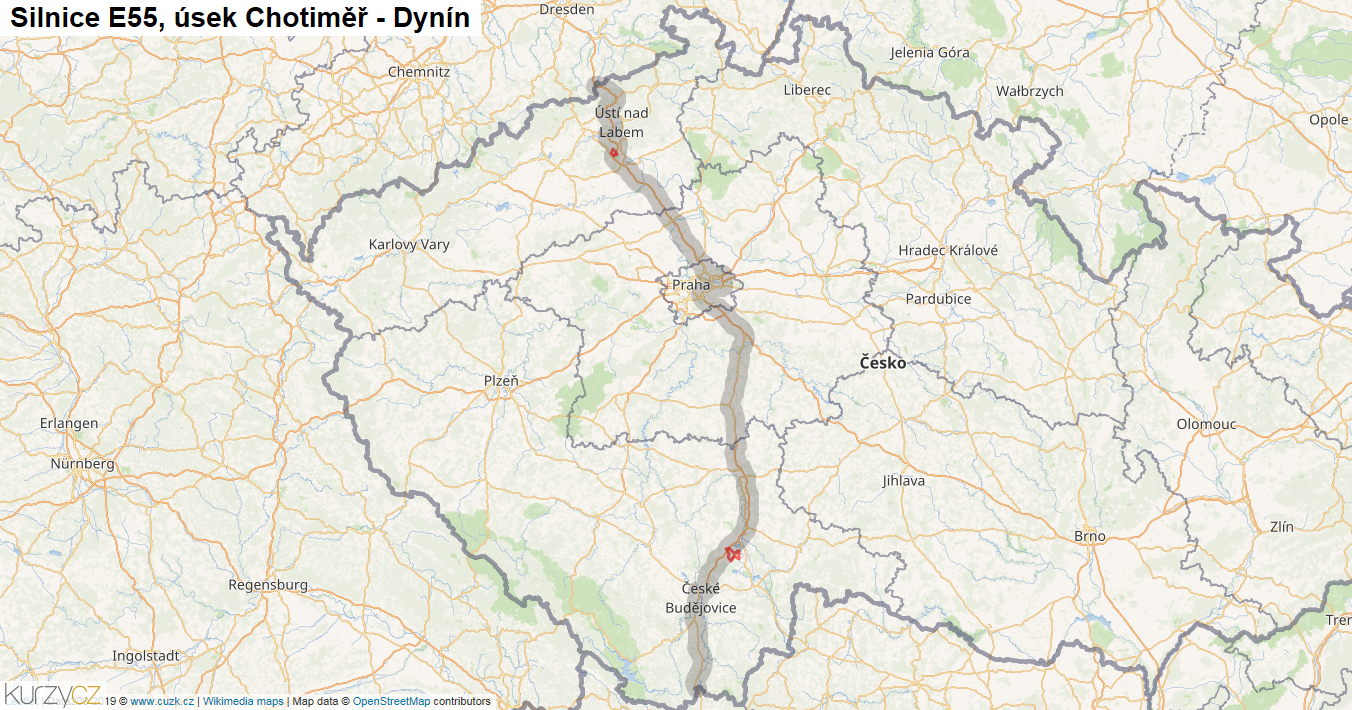 Úsek Chotiměř - Dynín, Silnice E55 - Mapa