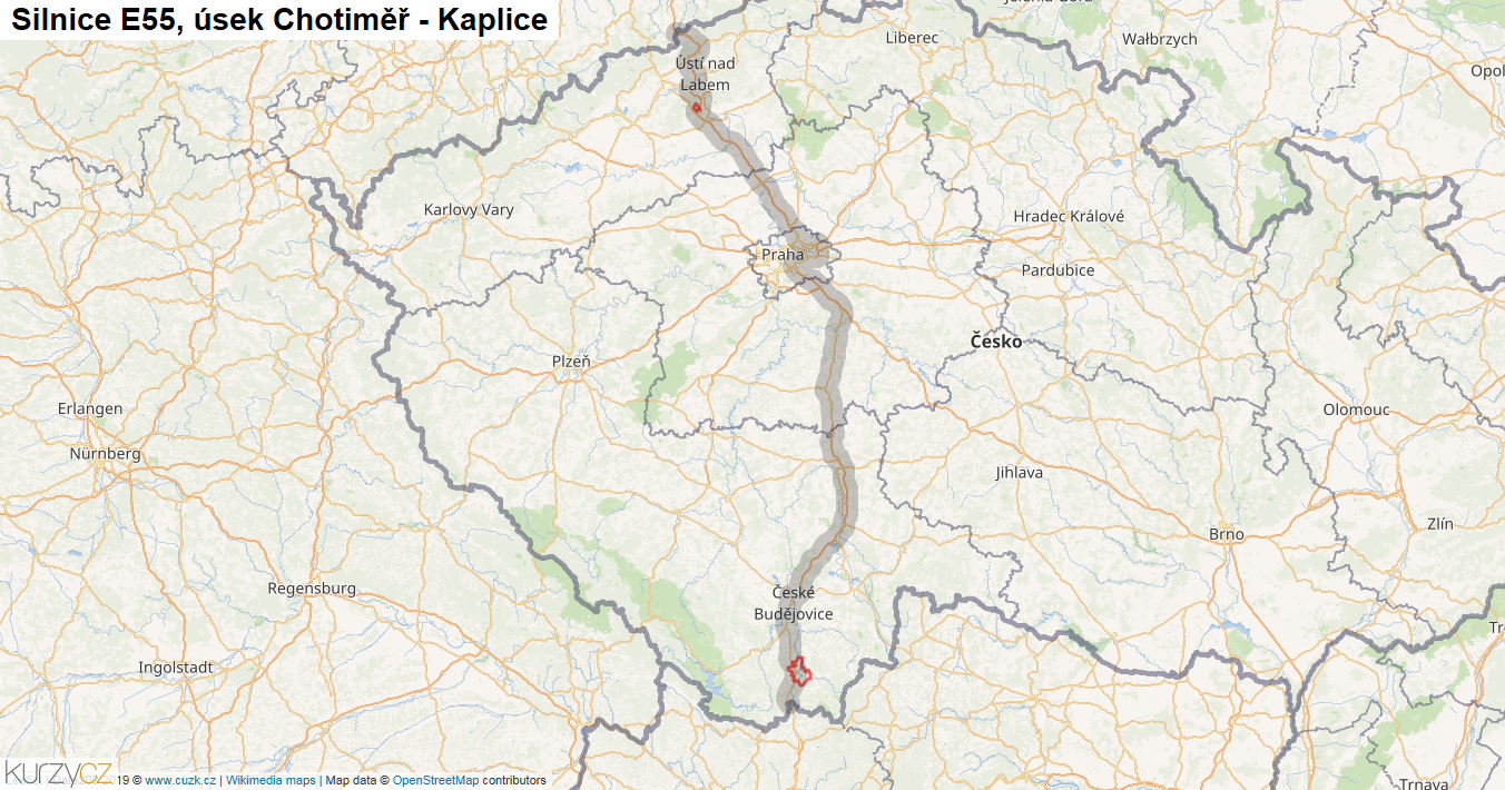 Úsek Chotiměř - Kaplice, Silnice E55 - Mapa