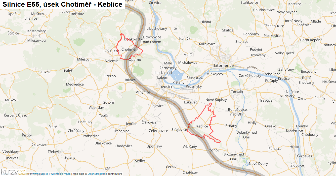 Úsek Chotiměř - Keblice, Silnice E55 - Mapa