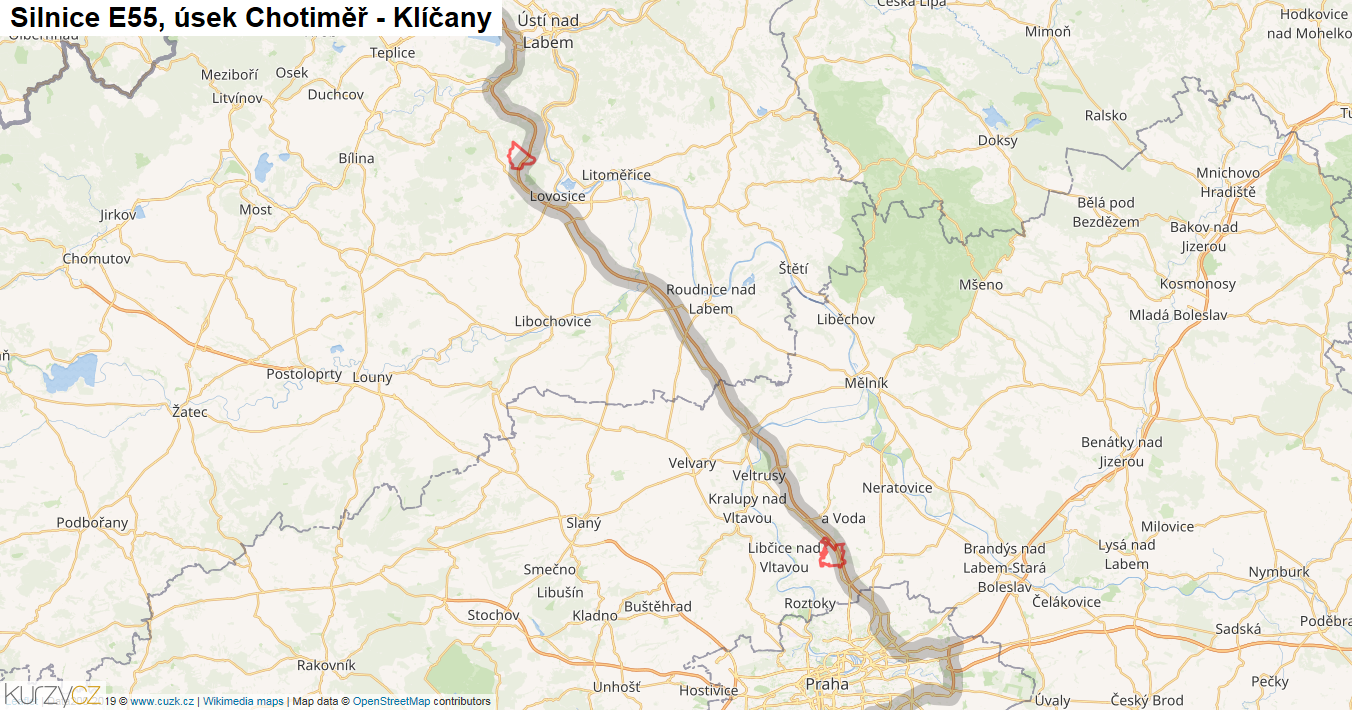 Úsek Chotiměř - Klíčany, Silnice E55 - Mapa