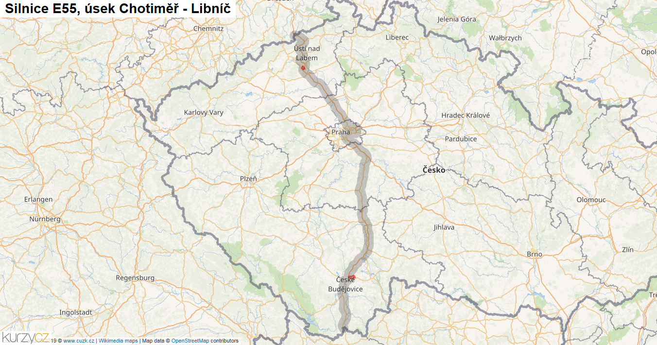 Úsek Chotiměř - Libníč, Silnice E55 - Mapa