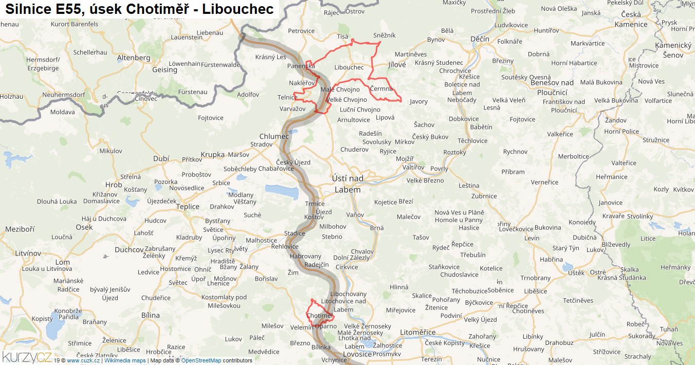 Úsek Chotiměř - Libouchec, Silnice E55 - Mapa