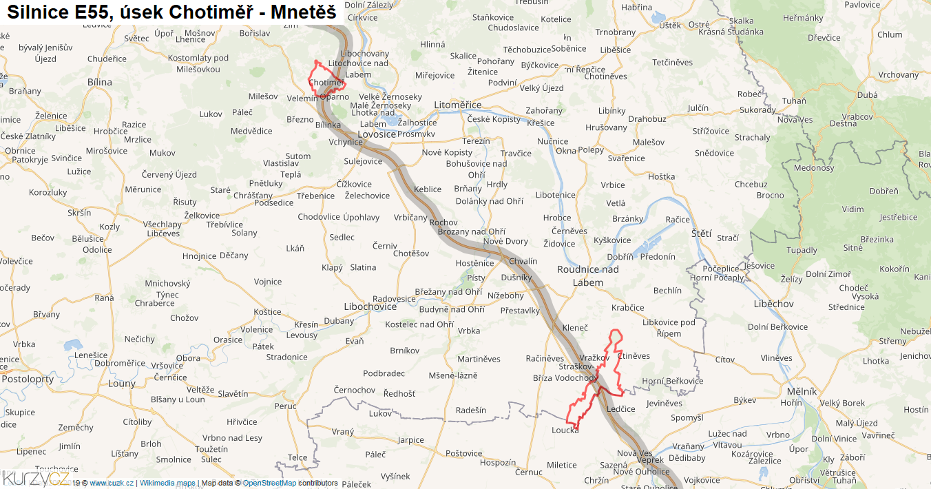 Úsek Chotiměř - Mnetěš, Silnice E55 - Mapa