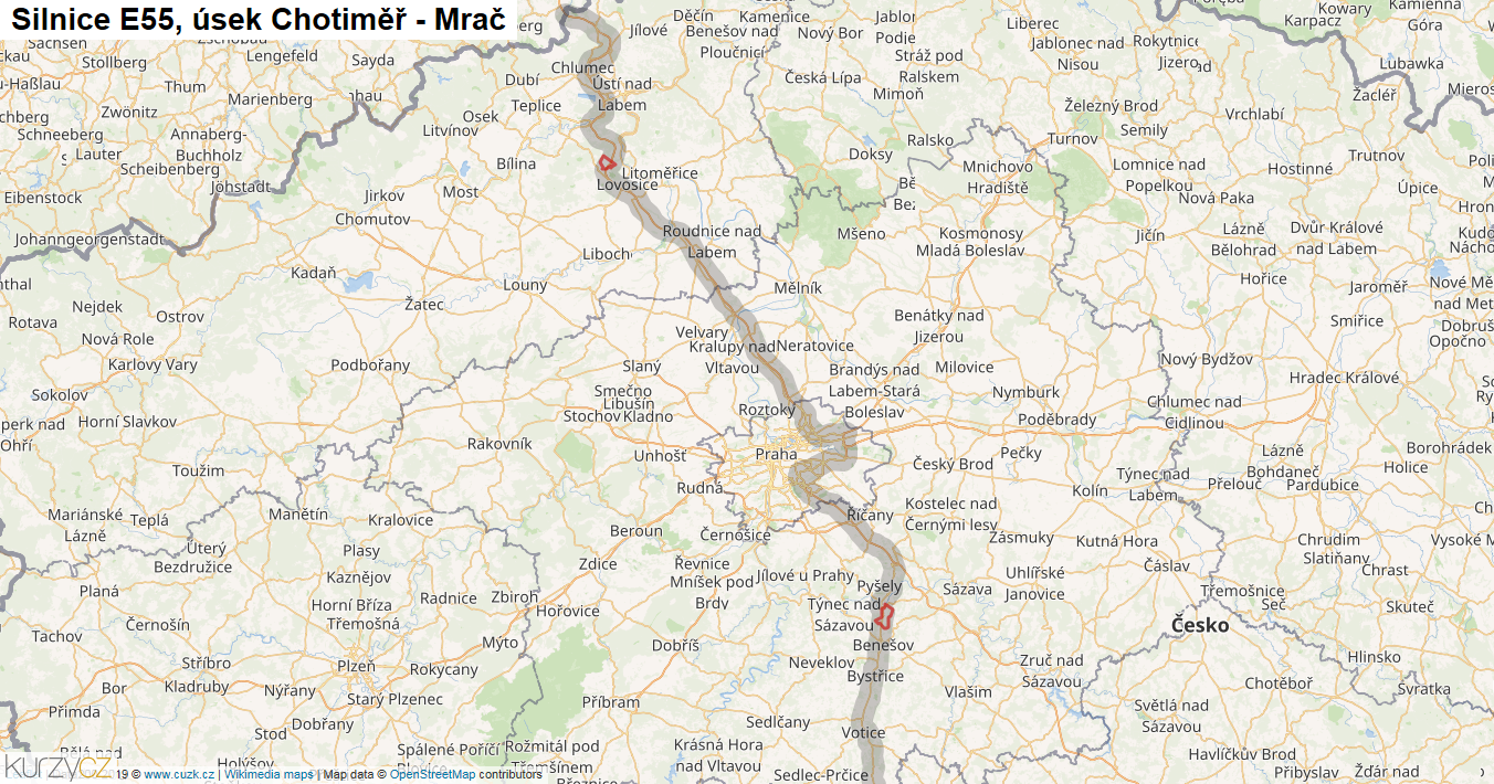 Úsek Chotiměř - Mrač, Silnice E55 - Mapa