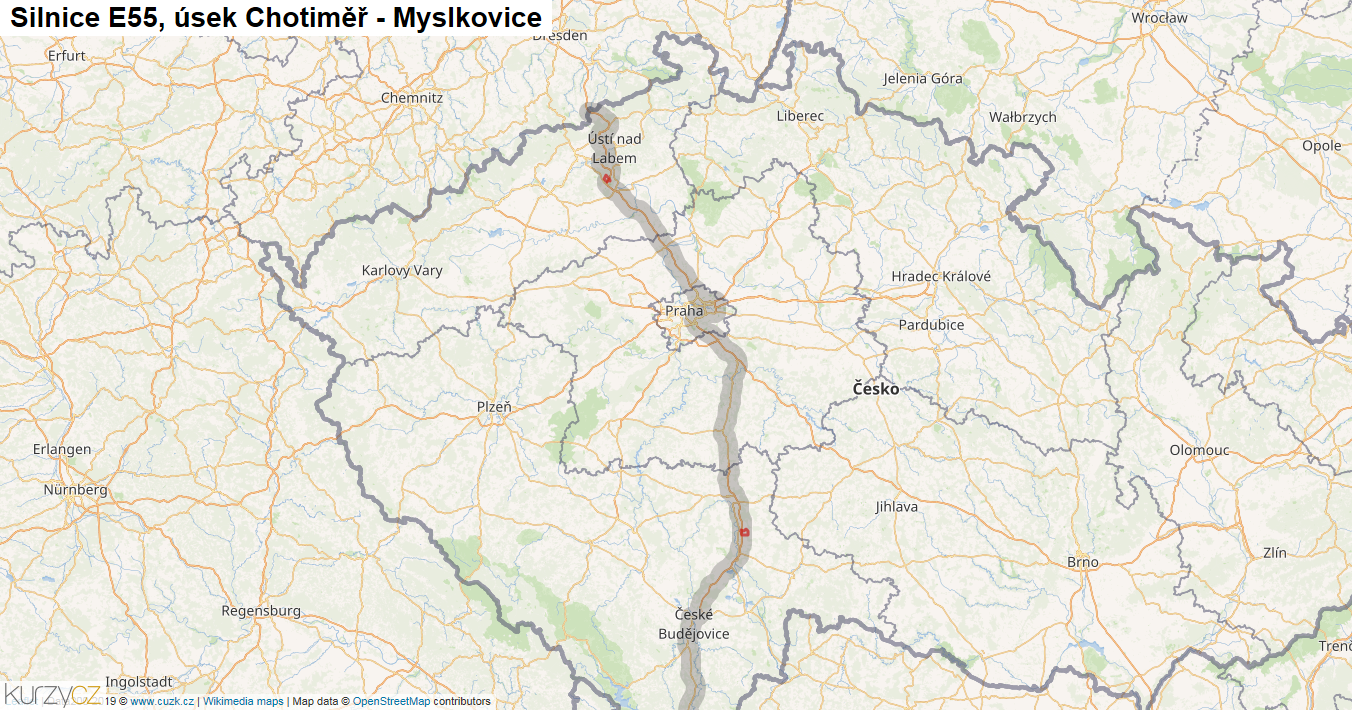 Úsek Chotiměř - Myslkovice, Silnice E55 - Mapa