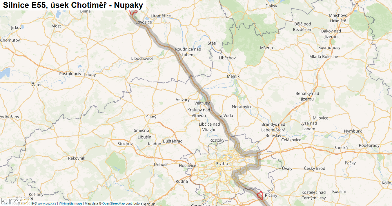 Úsek Chotiměř - Nupaky, Silnice E55 - Mapa