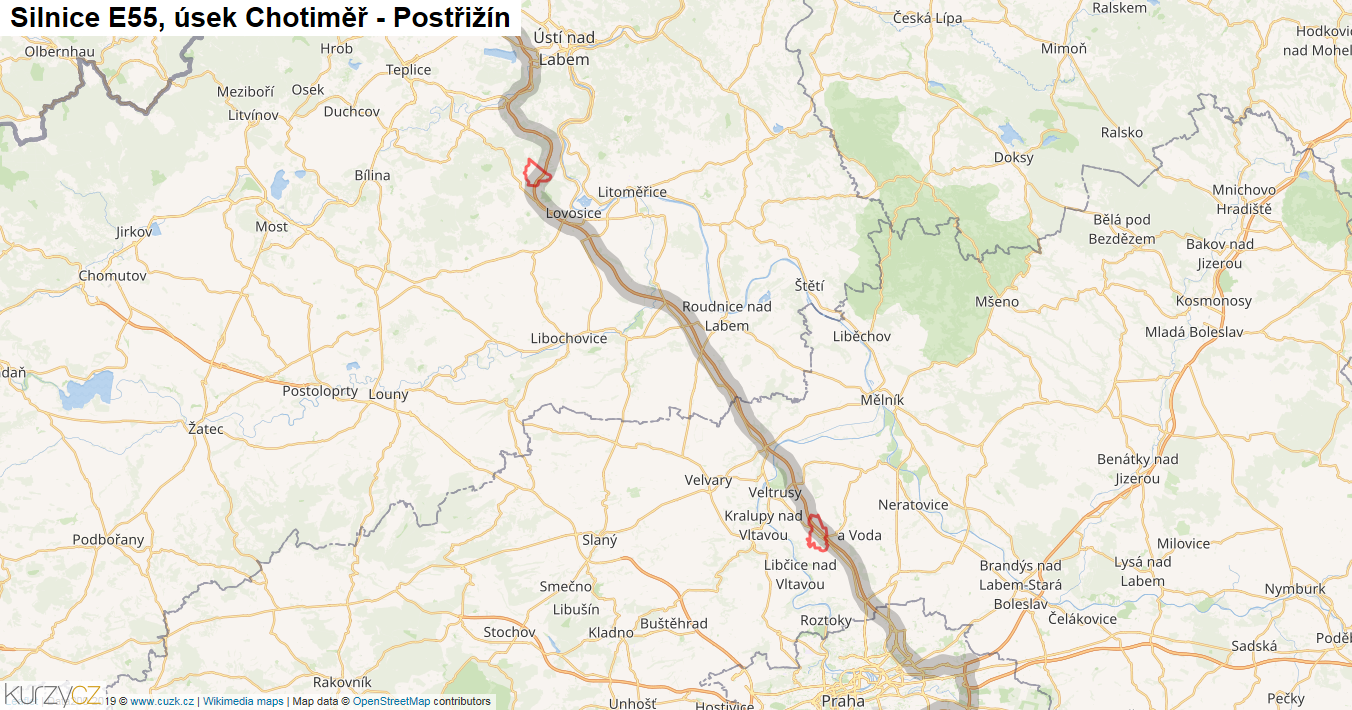 Úsek Chotiměř - Postřižín, Silnice E55 - Mapa