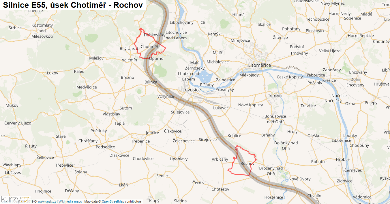 Úsek Chotiměř - Rochov, Silnice E55 - Mapa