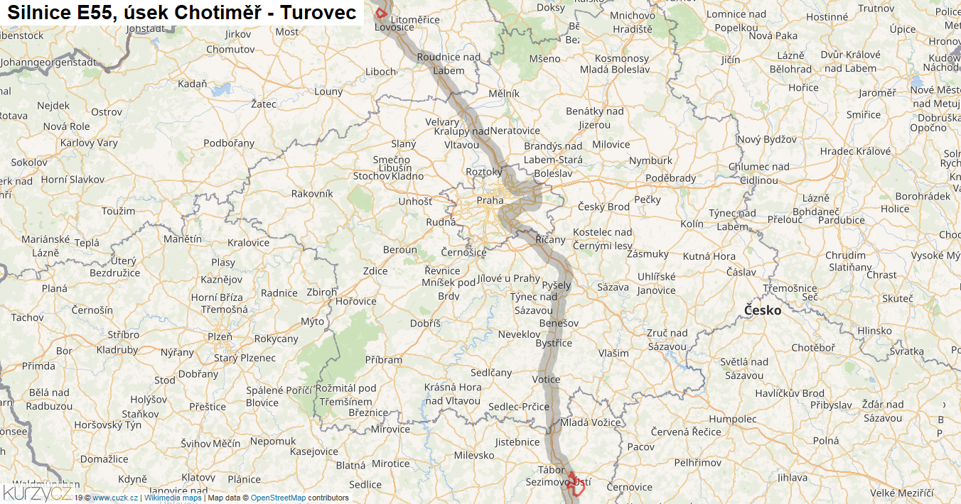 Úsek Chotiměř - Turovec, Silnice E55 - Mapa