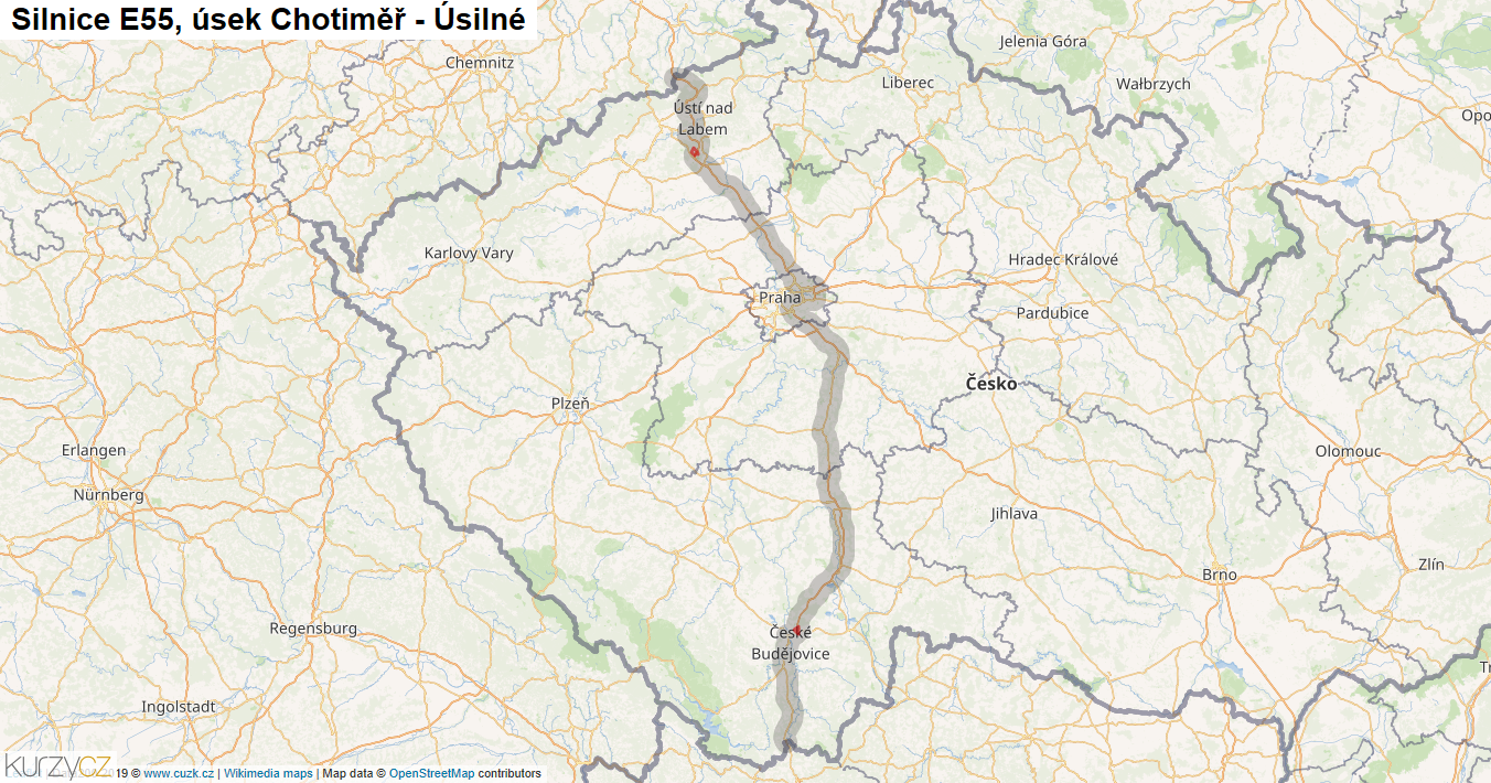 Úsek Chotiměř - Úsilné, Silnice E55 - Mapa