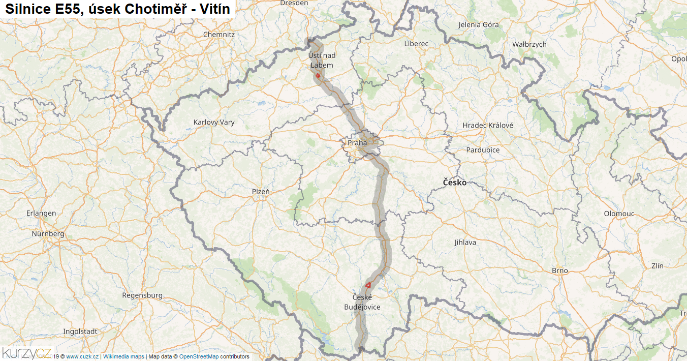 Úsek Chotiměř - Vitín, Silnice E55 - Mapa