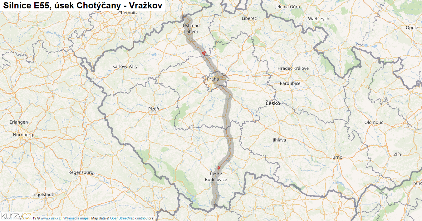 Úsek Chotýčany - Vražkov, Silnice E55 - Mapa