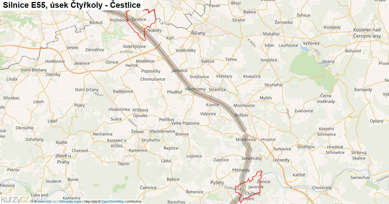 Úsek Čtyřkoly - Čestlice, Silnice E55 - Mapa