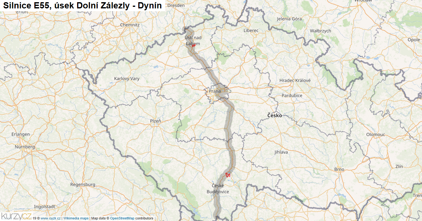 Úsek Dolní Zálezly - Dynín, Silnice E55 - Mapa