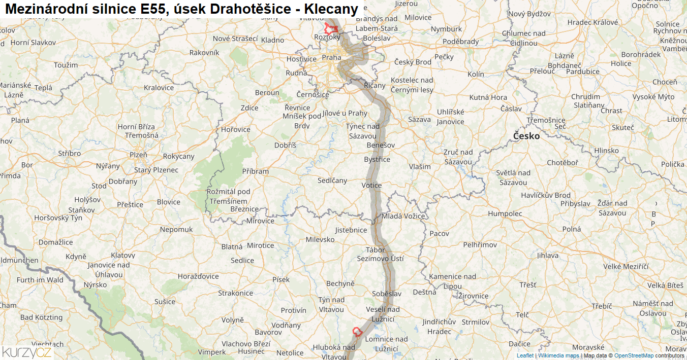 Úsek Drahotěšice - Klecany, Silnice E55 - Mapa
