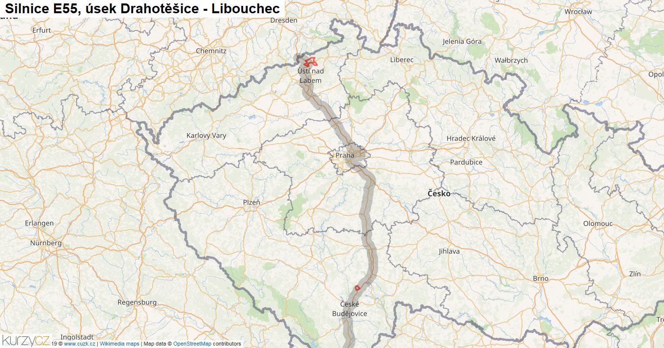 Úsek Drahotěšice - Libouchec, Silnice E55 - Mapa