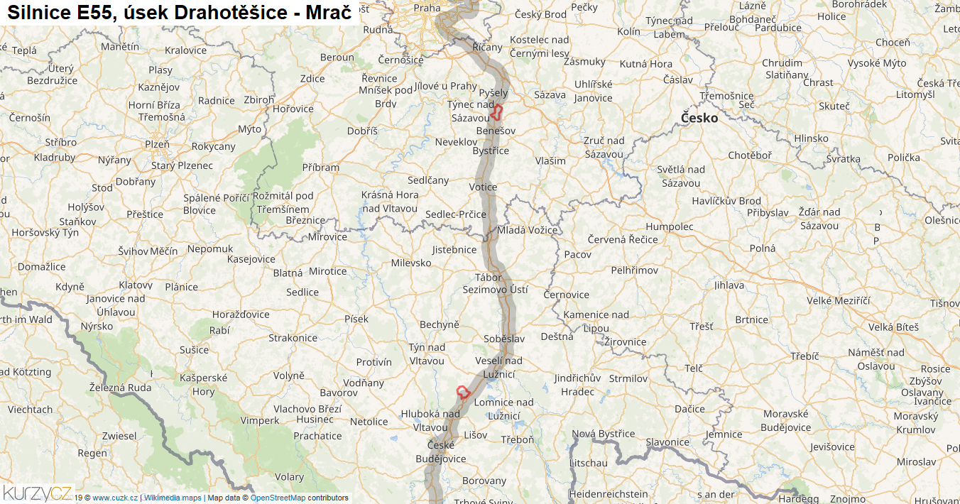 Úsek Drahotěšice - Mrač, Silnice E55 - Mapa