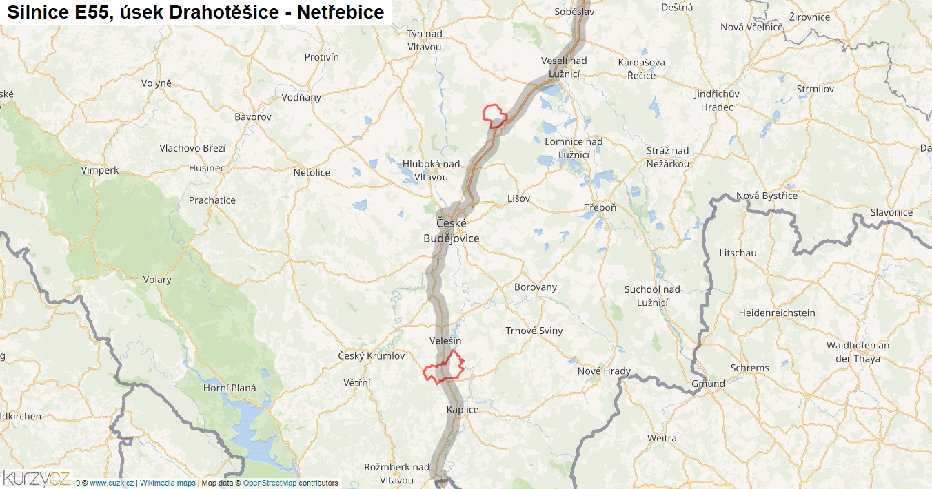 Úsek Drahotěšice - Netřebice, Silnice E55 - Mapa