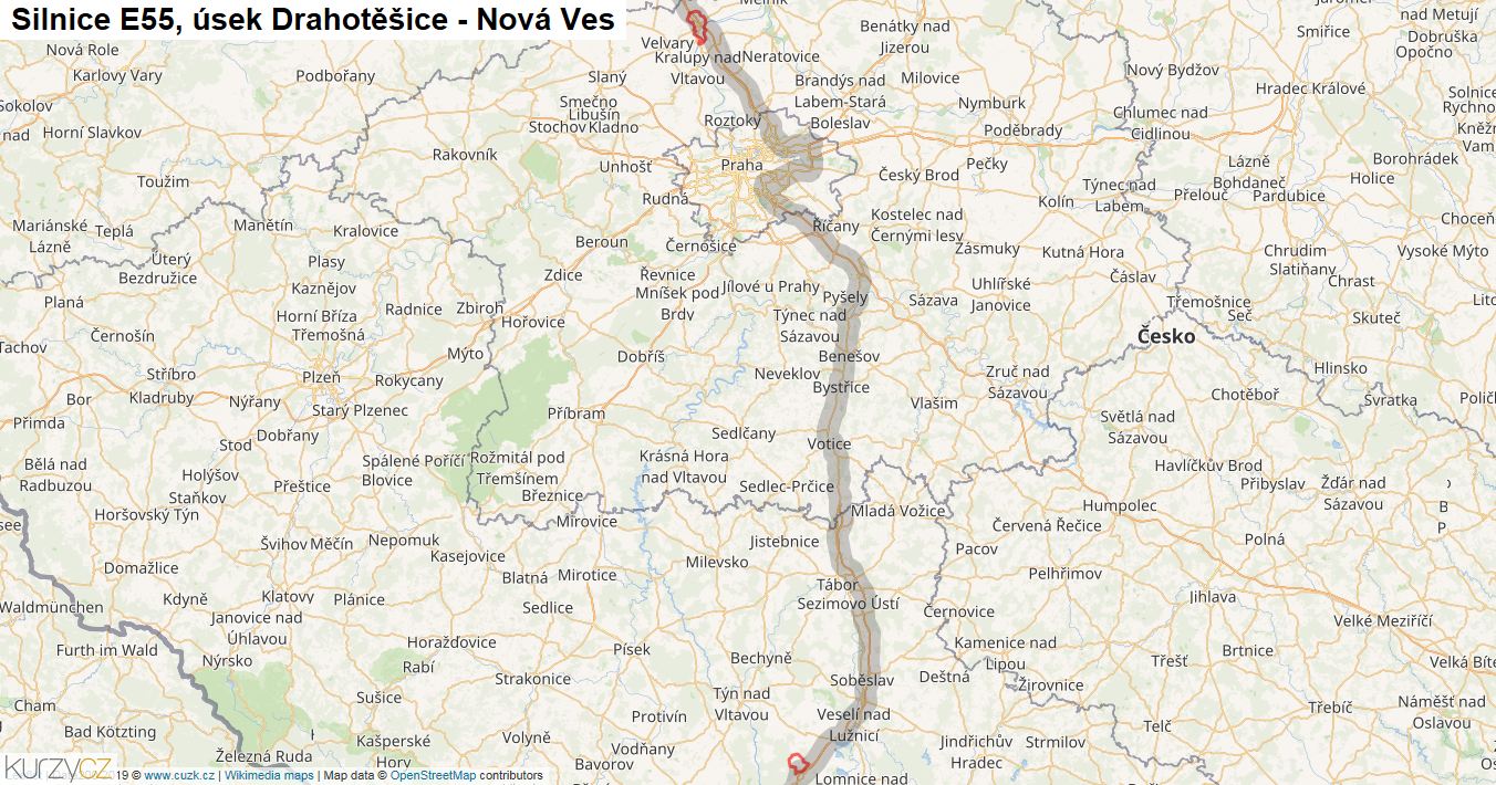 Úsek Drahotěšice - Nová Ves, Silnice E55 - Mapa