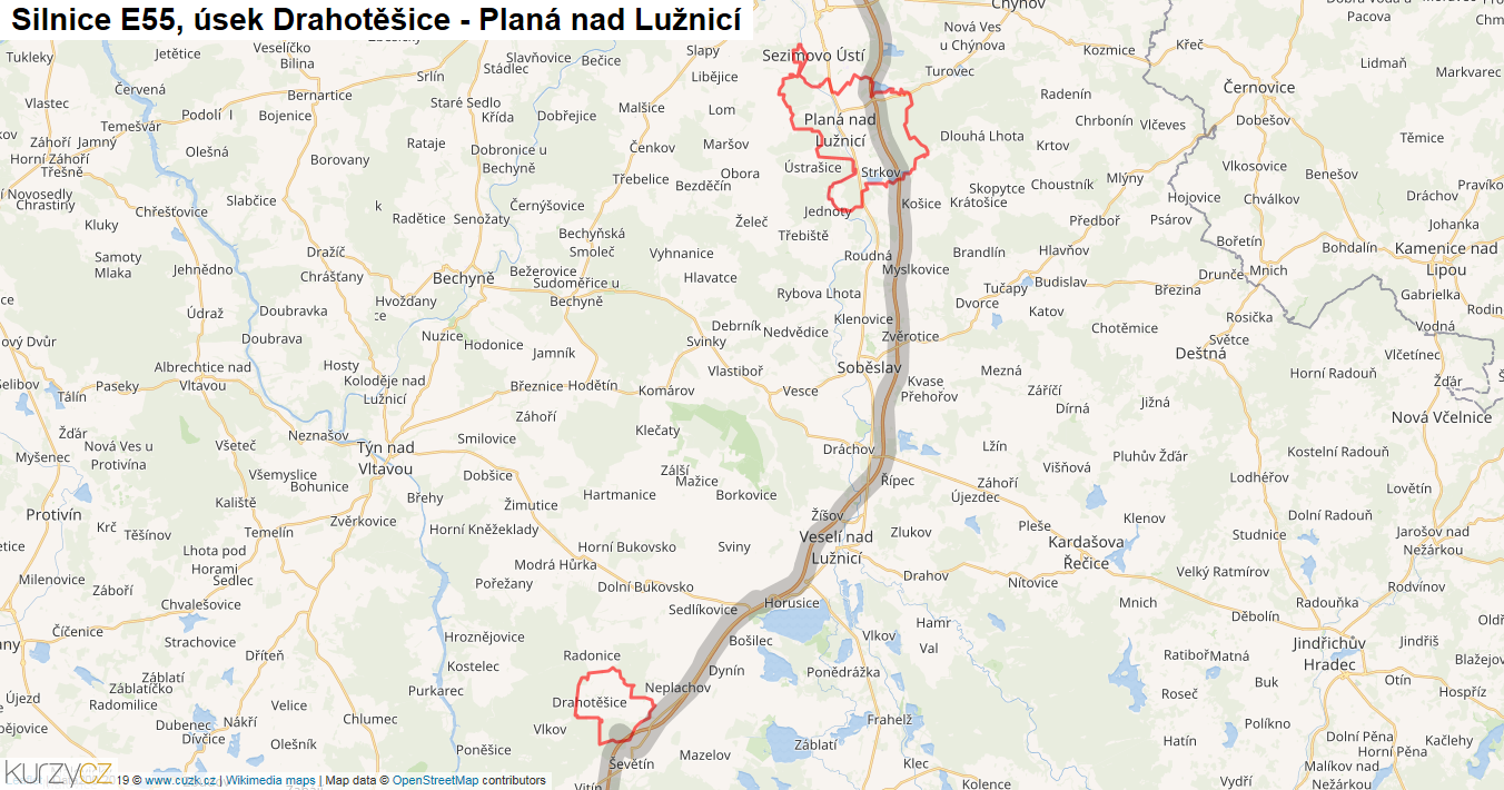 Úsek Drahotěšice - Planá nad Lužnicí, Silnice E55 - Mapa