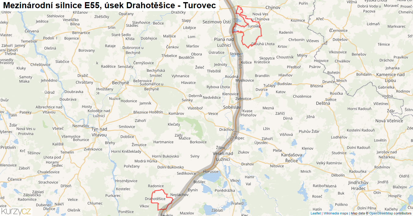 Úsek Drahotěšice - Turovec, Silnice E55 - Mapa