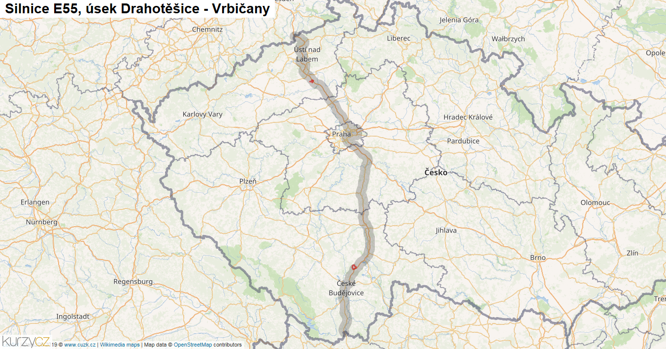 Úsek Drahotěšice - Vrbičany, Silnice E55 - Mapa