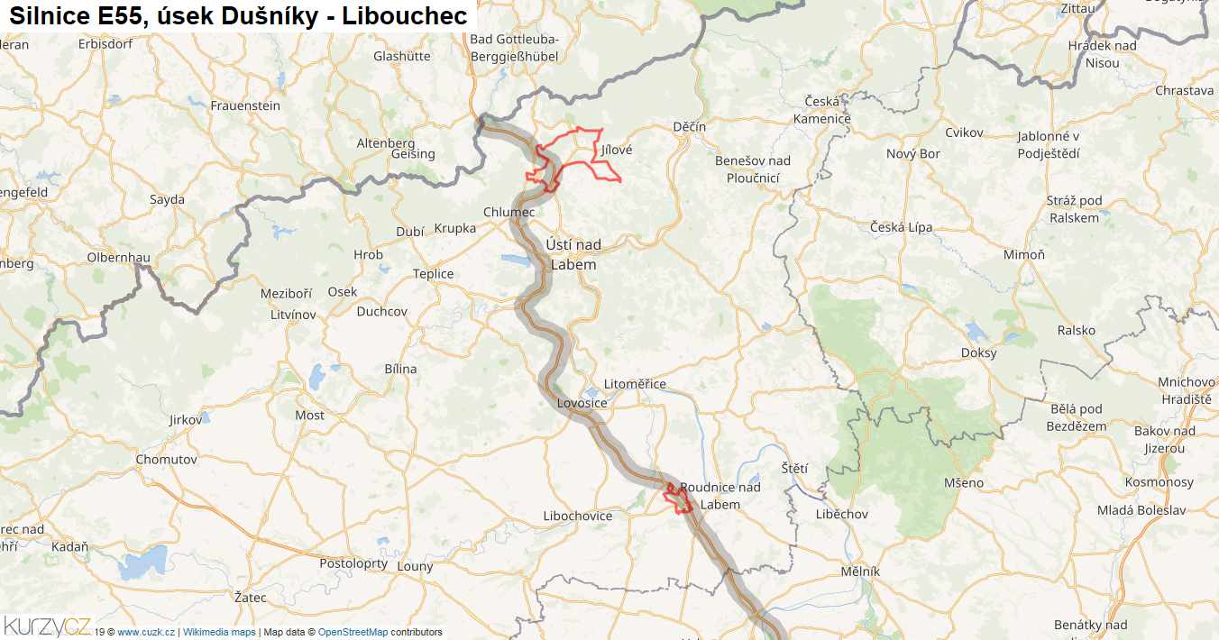 Úsek Dušníky - Libouchec, Silnice E55 - Mapa