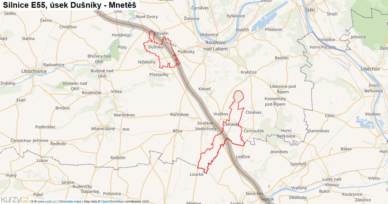 Úsek Dušníky - Mnetěš, Silnice E55 - Mapa