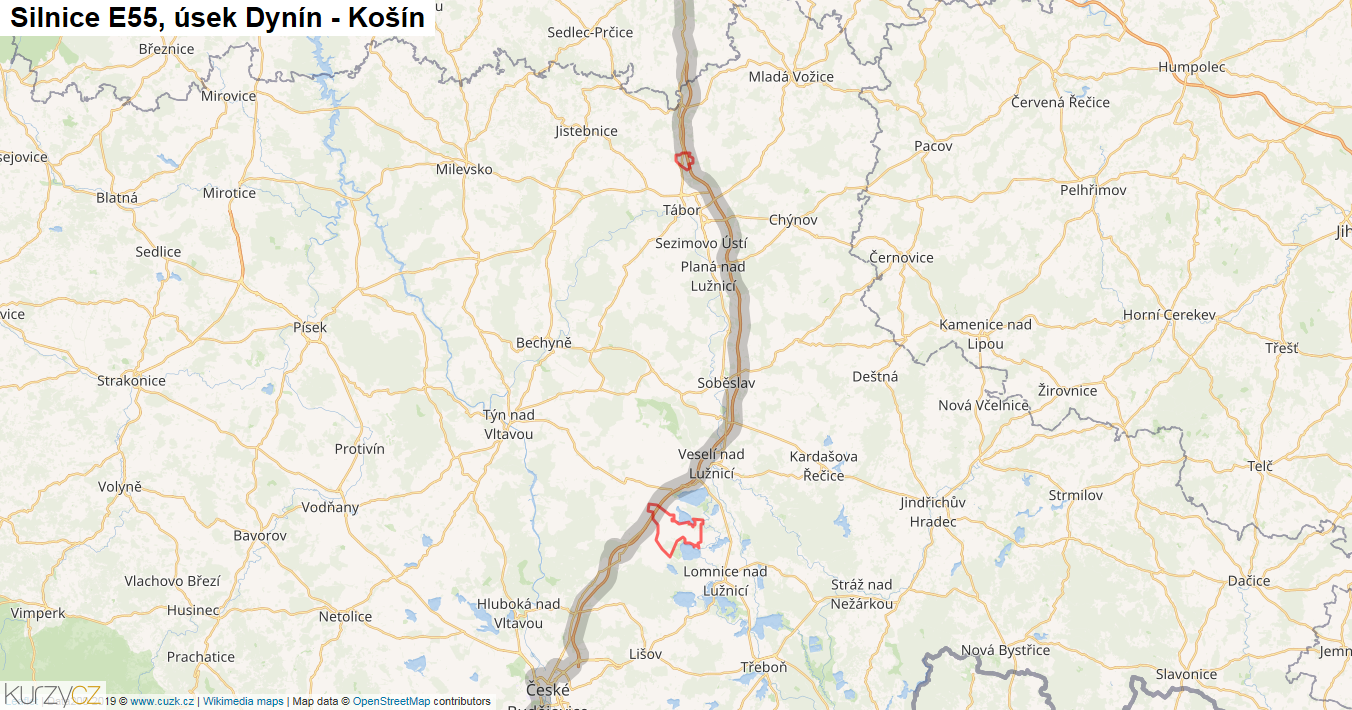 Úsek Dynín - Košín, Silnice E55 - Mapa