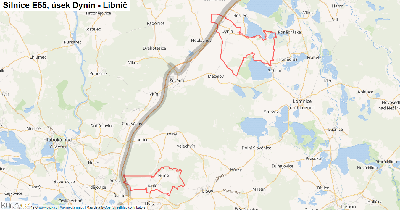 Úsek Dynín - Libníč, Silnice E55 - Mapa