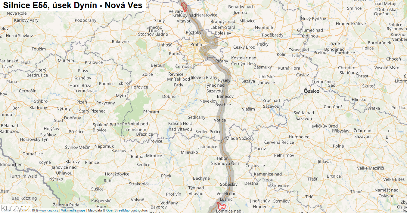 Úsek Dynín - Nová Ves, Silnice E55 - Mapa