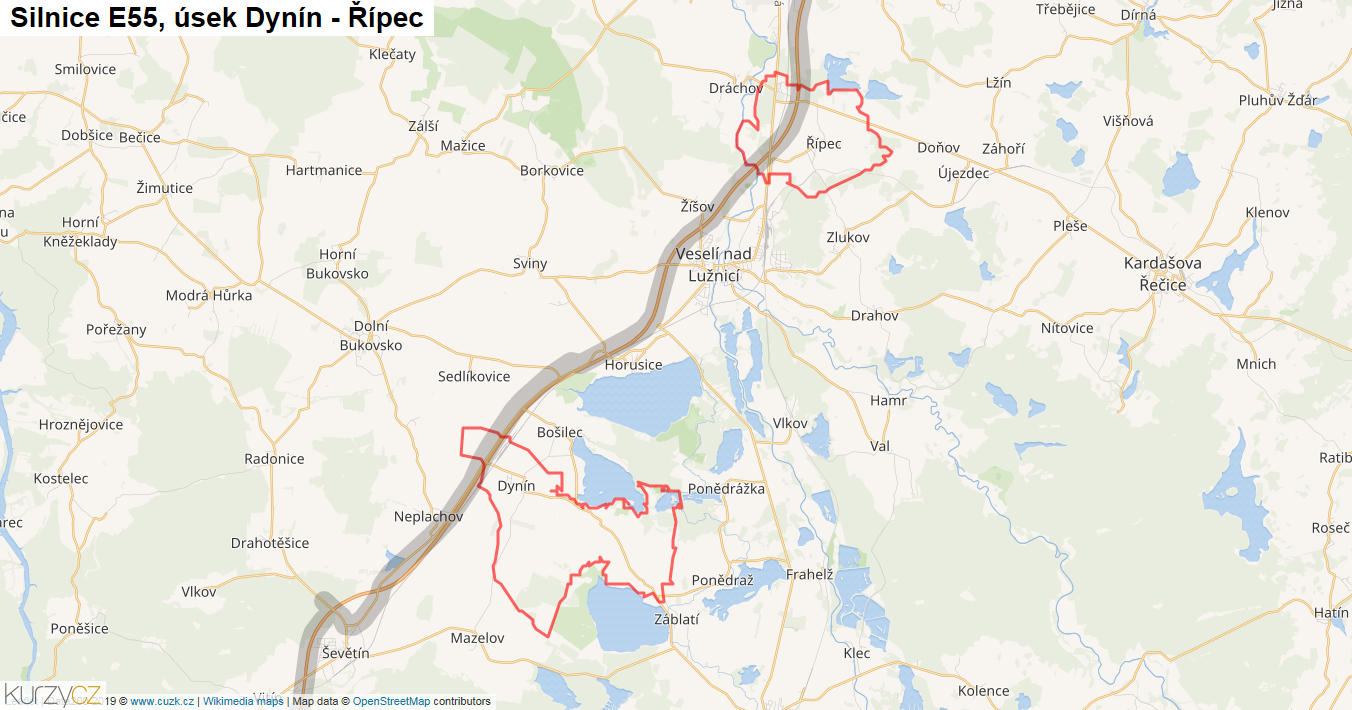 Úsek Dynín - Řípec, Silnice E55 - Mapa