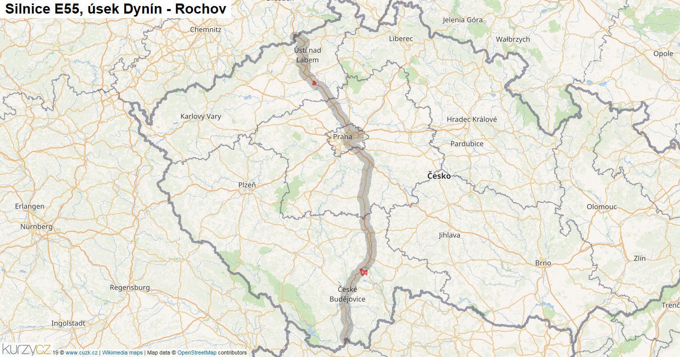 Úsek Dynín - Rochov, Silnice E55 - Mapa