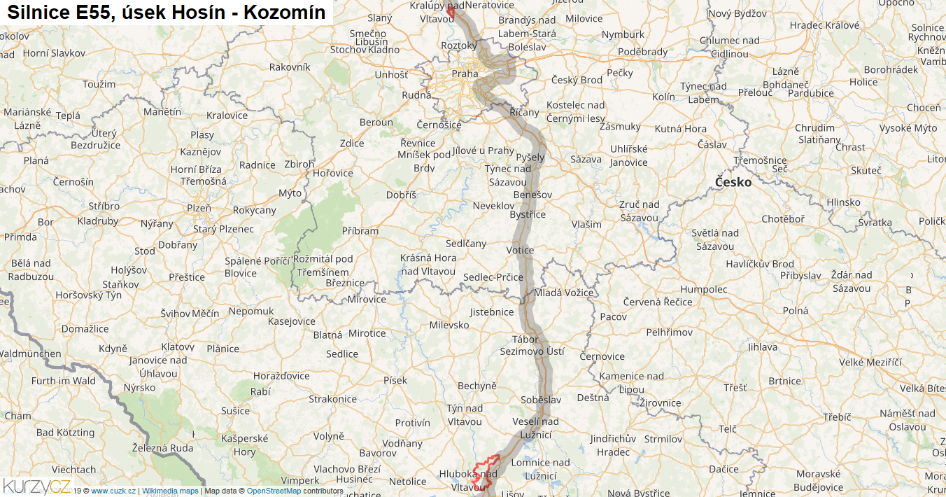 Úsek Hosín - Kozomín, Silnice E55 - Mapa