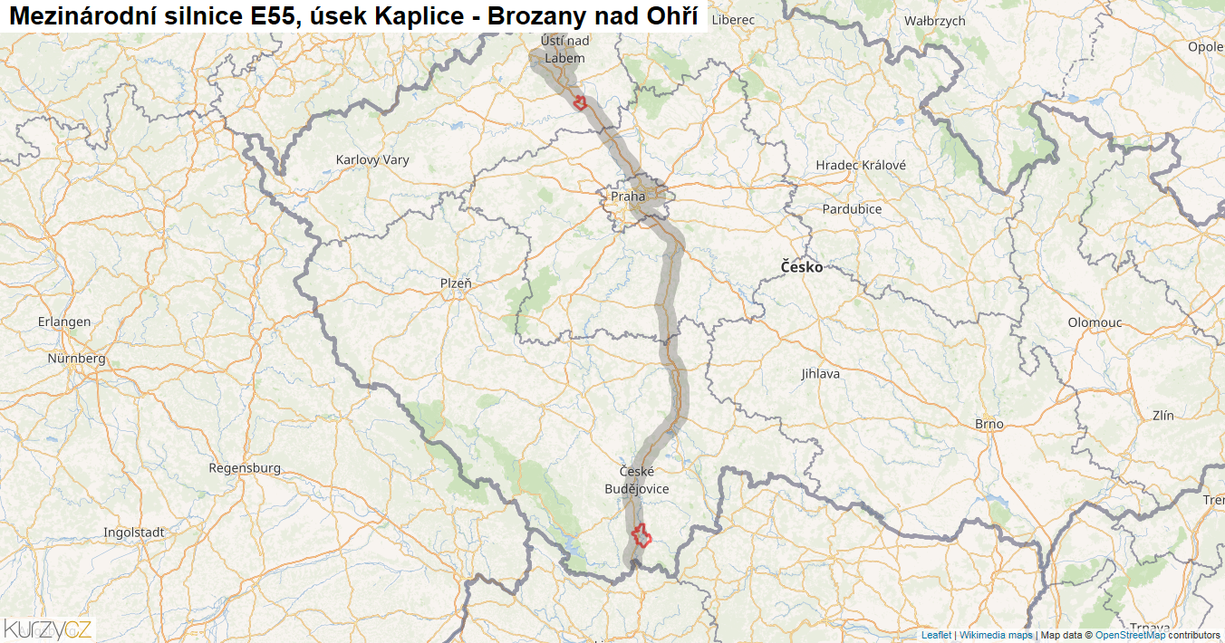Úsek Kaplice - Brozany nad Ohří, Silnice E55 - Mapa