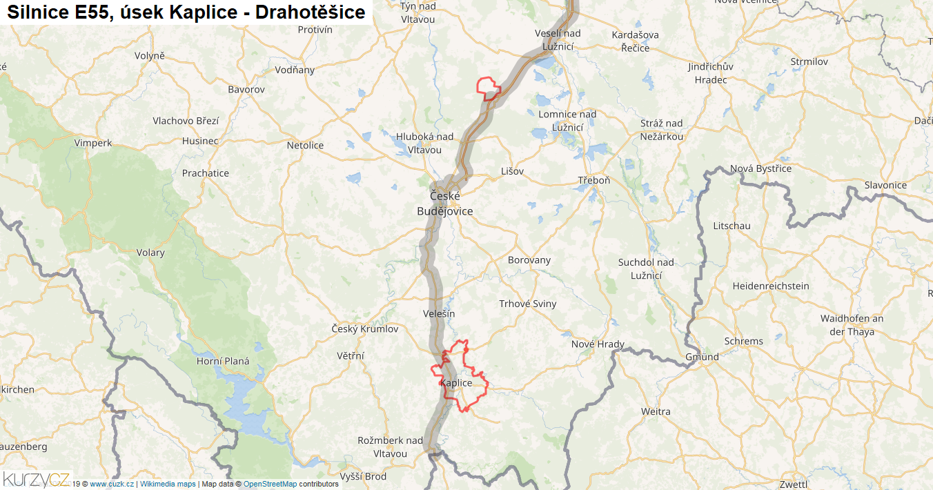 Úsek Kaplice - Drahotěšice, Silnice E55 - Mapa