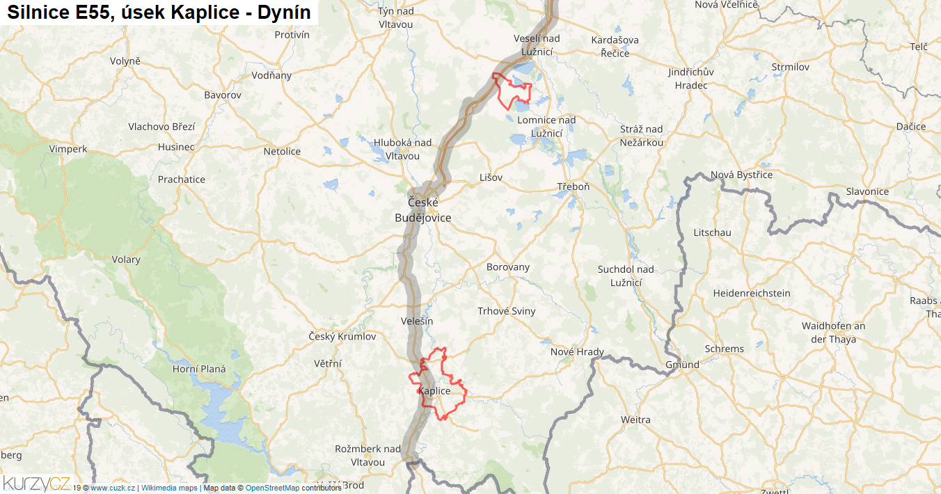 Úsek Kaplice - Dynín, Silnice E55 - Mapa