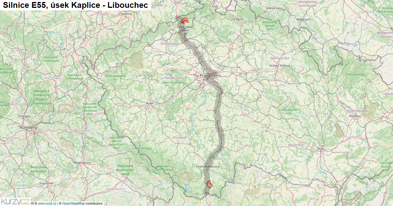 Úsek Kaplice - Libouchec, Silnice E55 - Mapa
