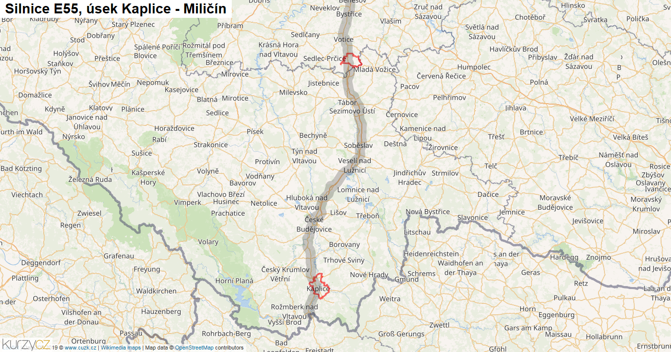 Úsek Kaplice - Miličín, Silnice E55 - Mapa