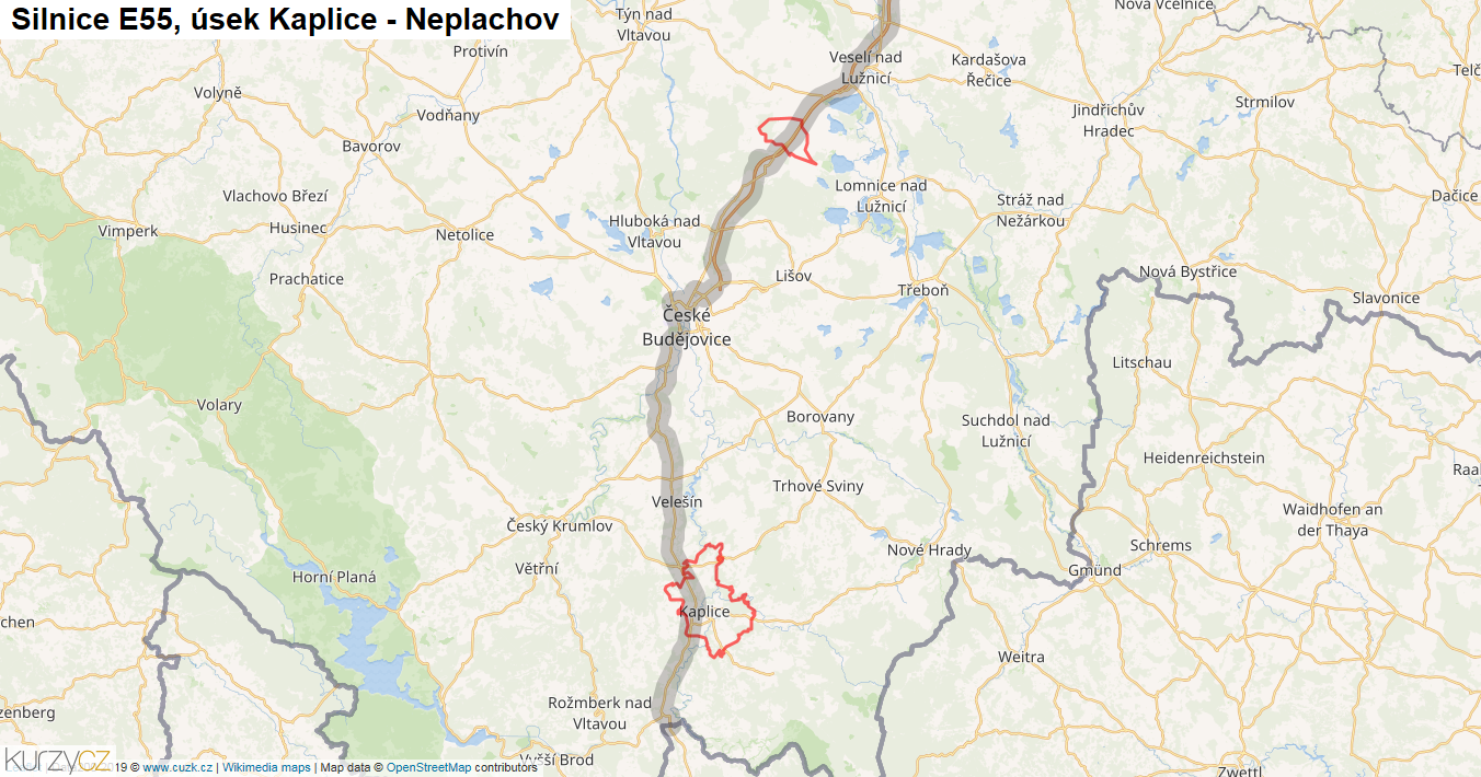 Úsek Kaplice - Neplachov, Silnice E55 - Mapa