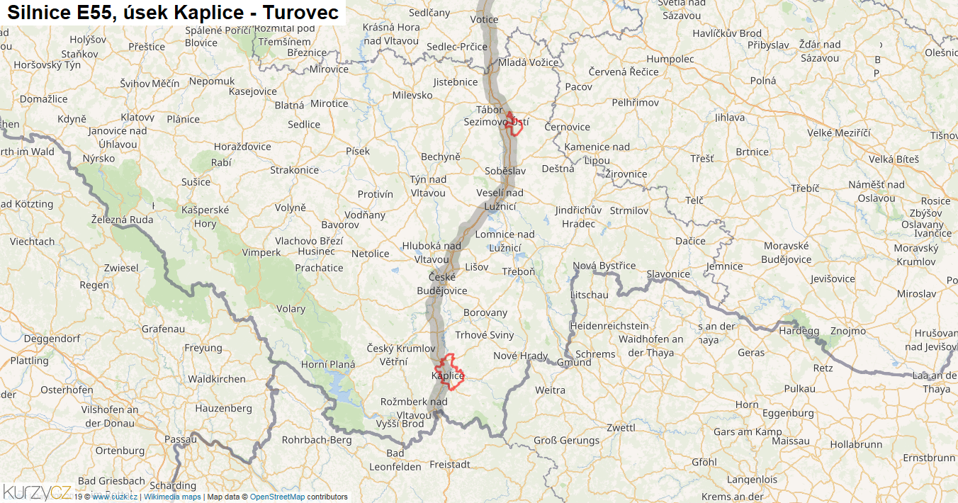 Úsek Kaplice - Turovec, Silnice E55 - Mapa
