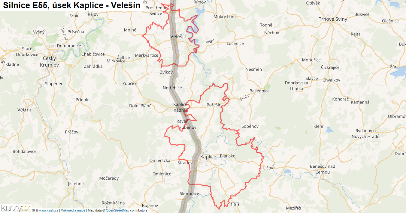 Úsek Kaplice - Velešín, Silnice E55 - Mapa