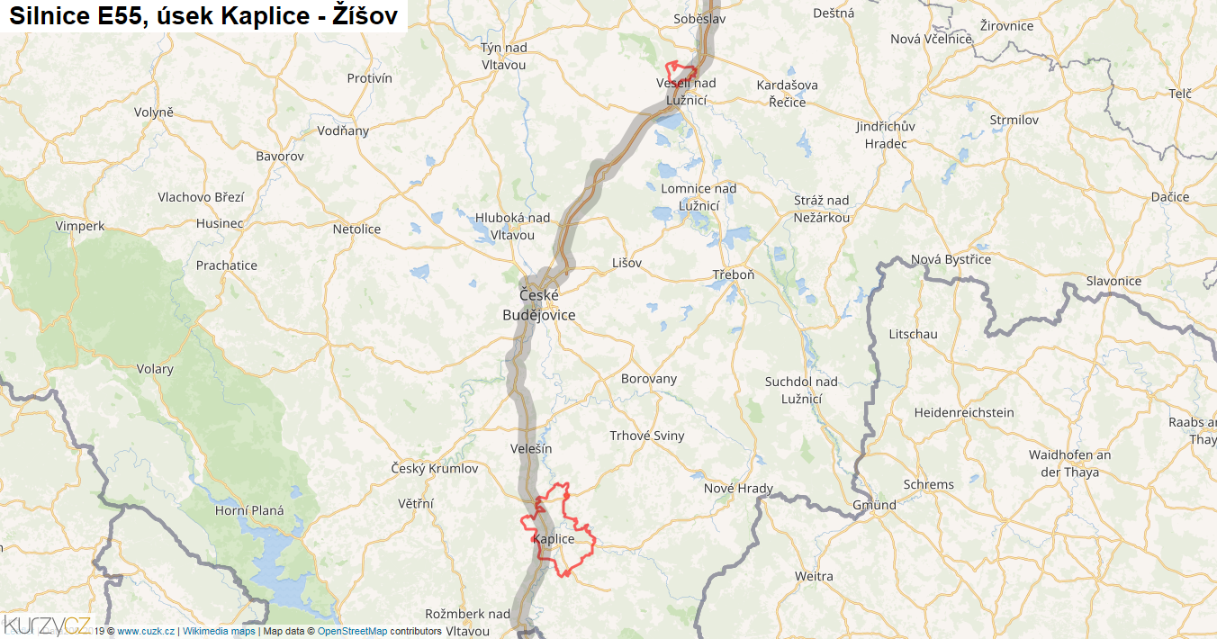 Úsek Kaplice - Žíšov, Silnice E55 - Mapa