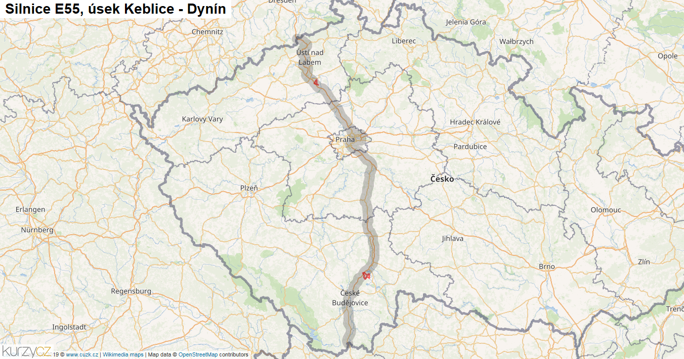 Úsek Keblice - Dynín, Silnice E55 - Mapa