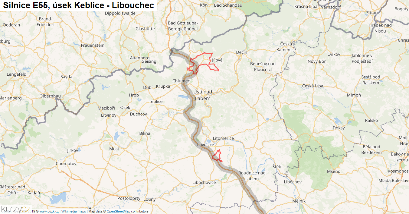 Úsek Keblice - Libouchec, Silnice E55 - Mapa