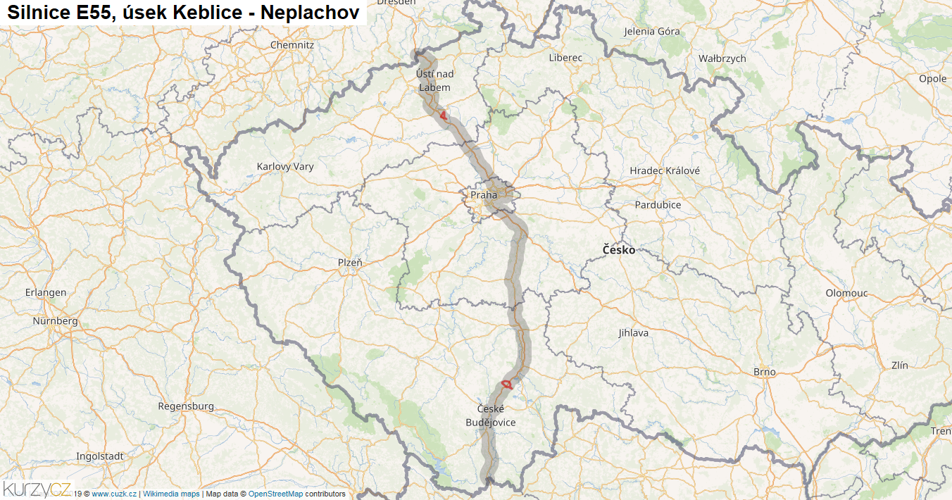 Úsek Keblice - Neplachov, Silnice E55 - Mapa
