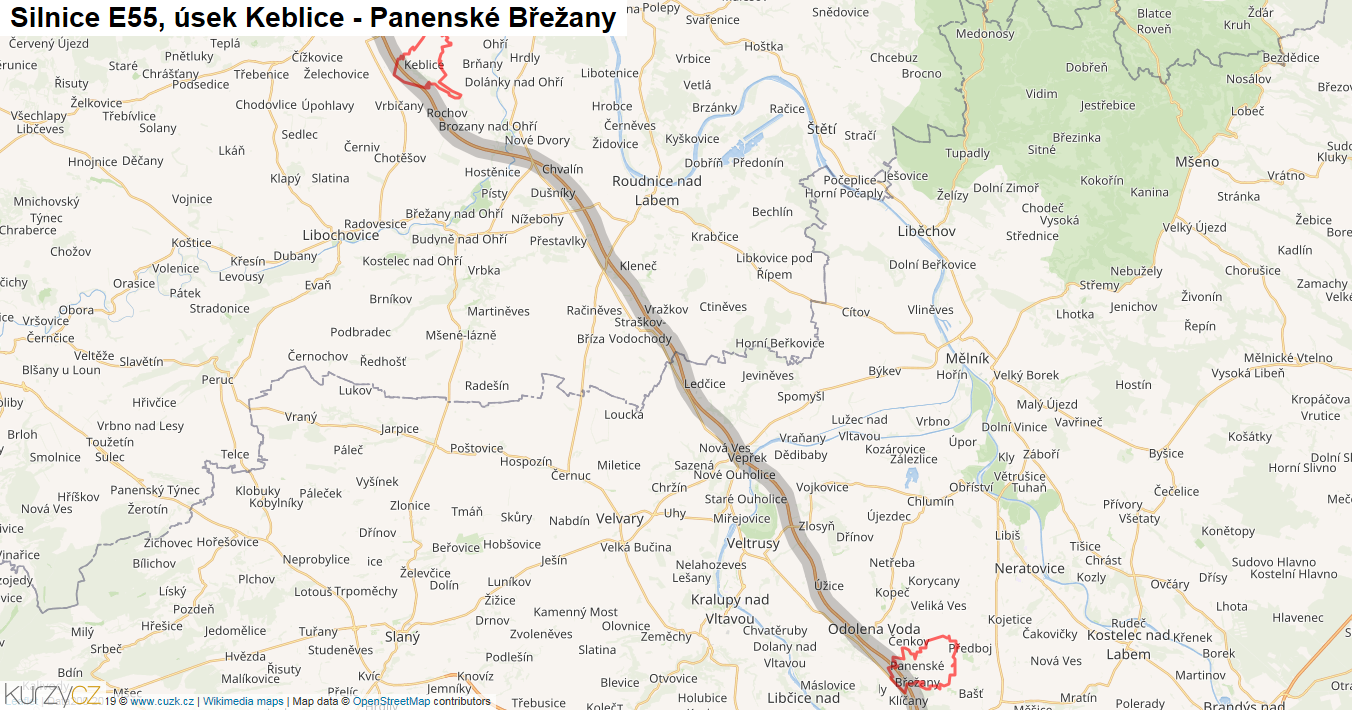 Úsek Keblice - Panenské Břežany, Silnice E55 - Mapa