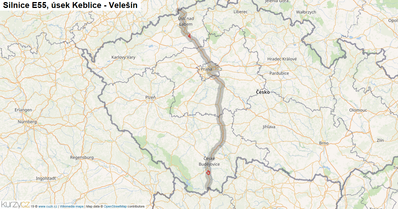 Úsek Keblice - Velešín, Silnice E55 - Mapa