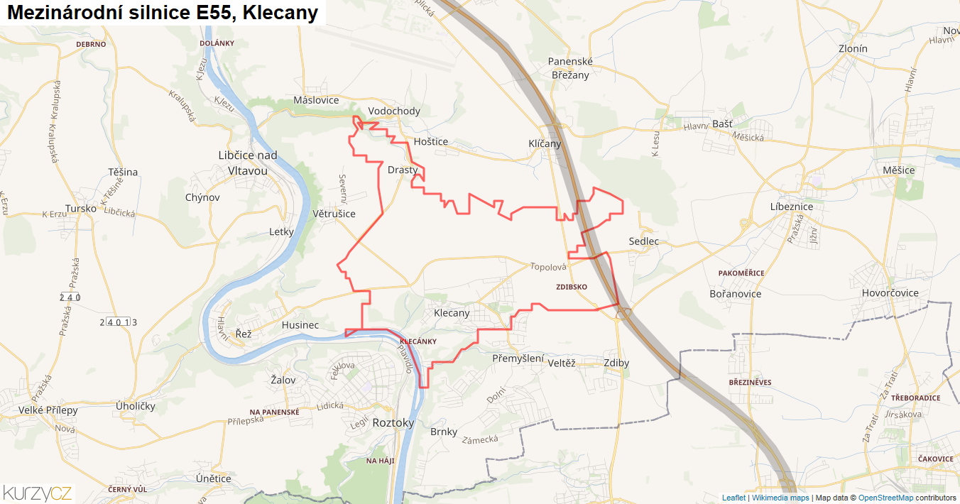 Klecany, Silnice E55 - Mapa