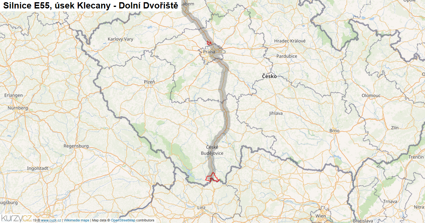 Úsek Klecany - Dolní Dvořiště, Silnice E55 - Mapa